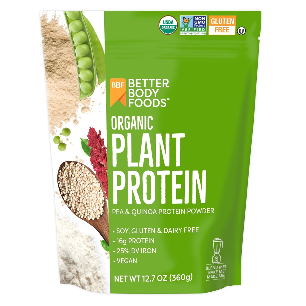 Melhor Body Alimentos Orgânico Planta Based Protein Powder, 16g de proteína 24% DV, Vegan, Baixo teor de carboidratos líquidos, Sem glúten, Leite, Sem açúcar adicionado, Soja livre, Não-GMO, 12,7 Onças