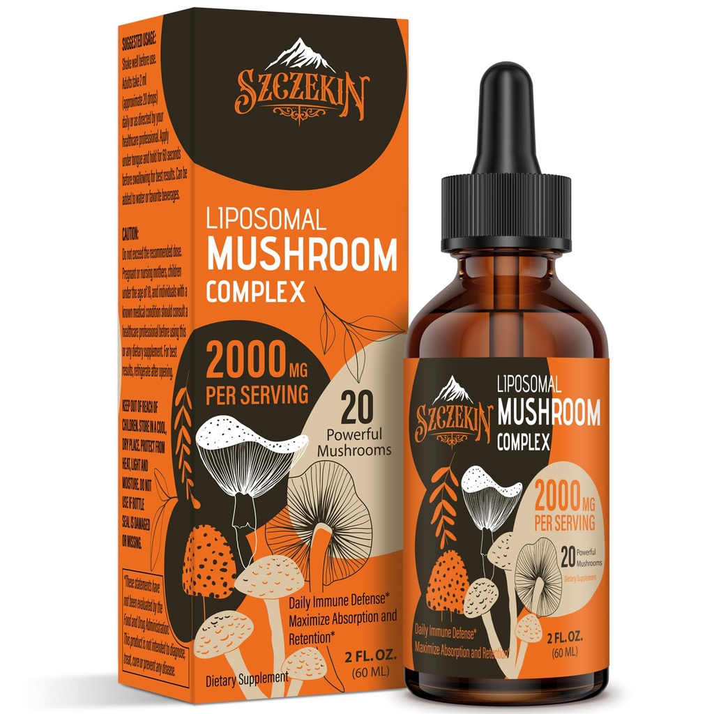 Complexo de Cogumelo Lipossômico Gotas 2000 MG - 20 Extratos de Cogumelo Orgânico - Fórmula Líquida Avançada para Imunidade, Cognitiva e Memória - Lions Mane Supplement, Reishi, Cordyceps, Chaga, 30 Servings