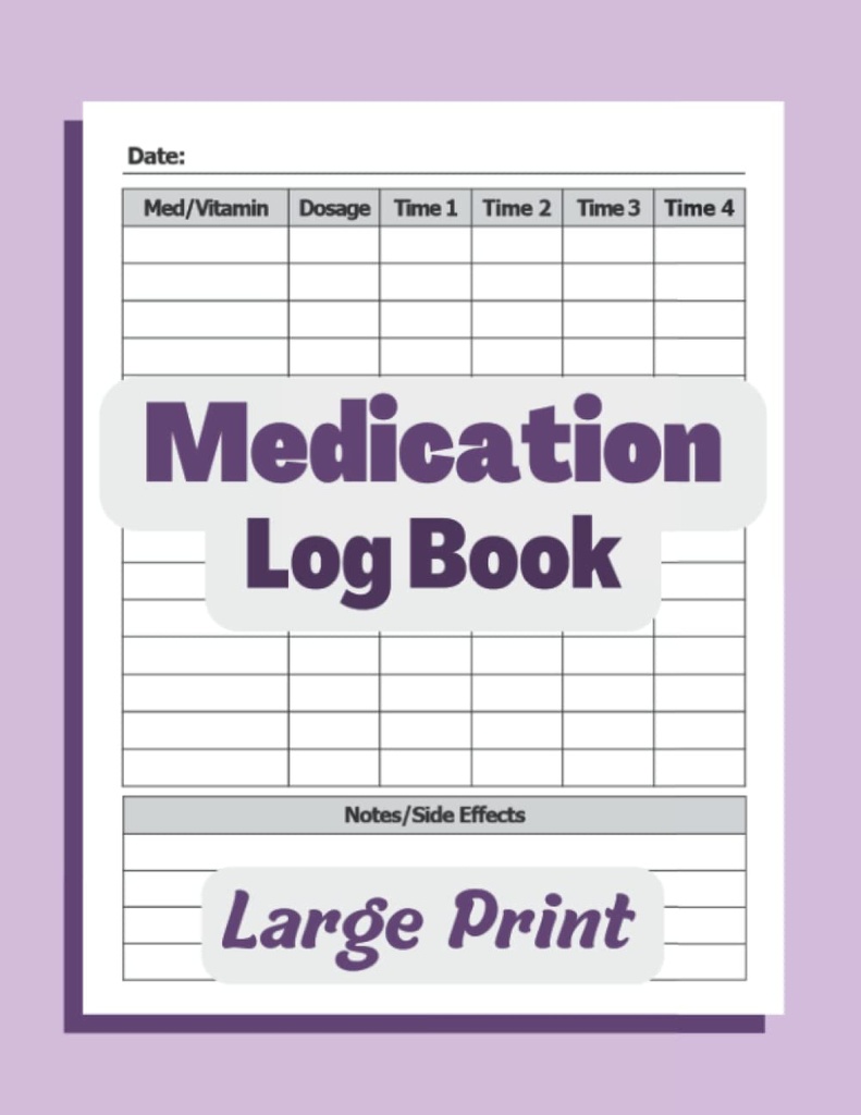 Livro de registro de medicamentos: Diário de bordo simples para registrar medicamentos, vitaminas e / ou suplementos diários. Registre várias doses e efeitos secundários. 8.5x11 Pill Tracker ... e todas as idades ou enfermeiros/caregivers. Roxo.