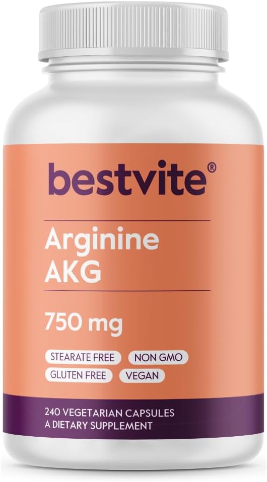 BESTVITE Arginina AKG 750mg (240 Cápsulas vegetarianas) - Sem estearatos - Vegan - Não OGM - Sem glúten