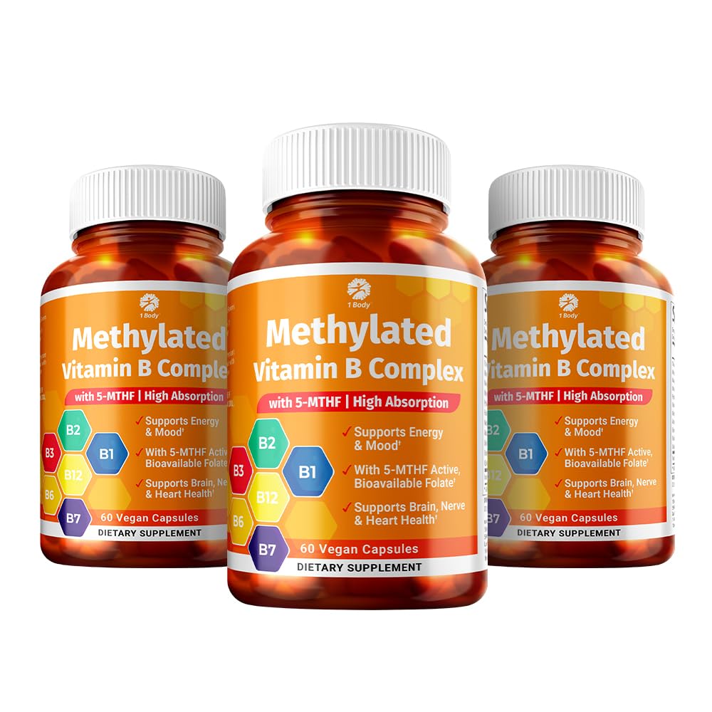 1 Corpo Vitamina B Complexo 3 Pacote – Vitaminas B biodisponível com folato 5-MTHF, B1, B2, B5, B6, Metil B12, Niacin & Biotin – Não-GMO, Vegan, Made in USA