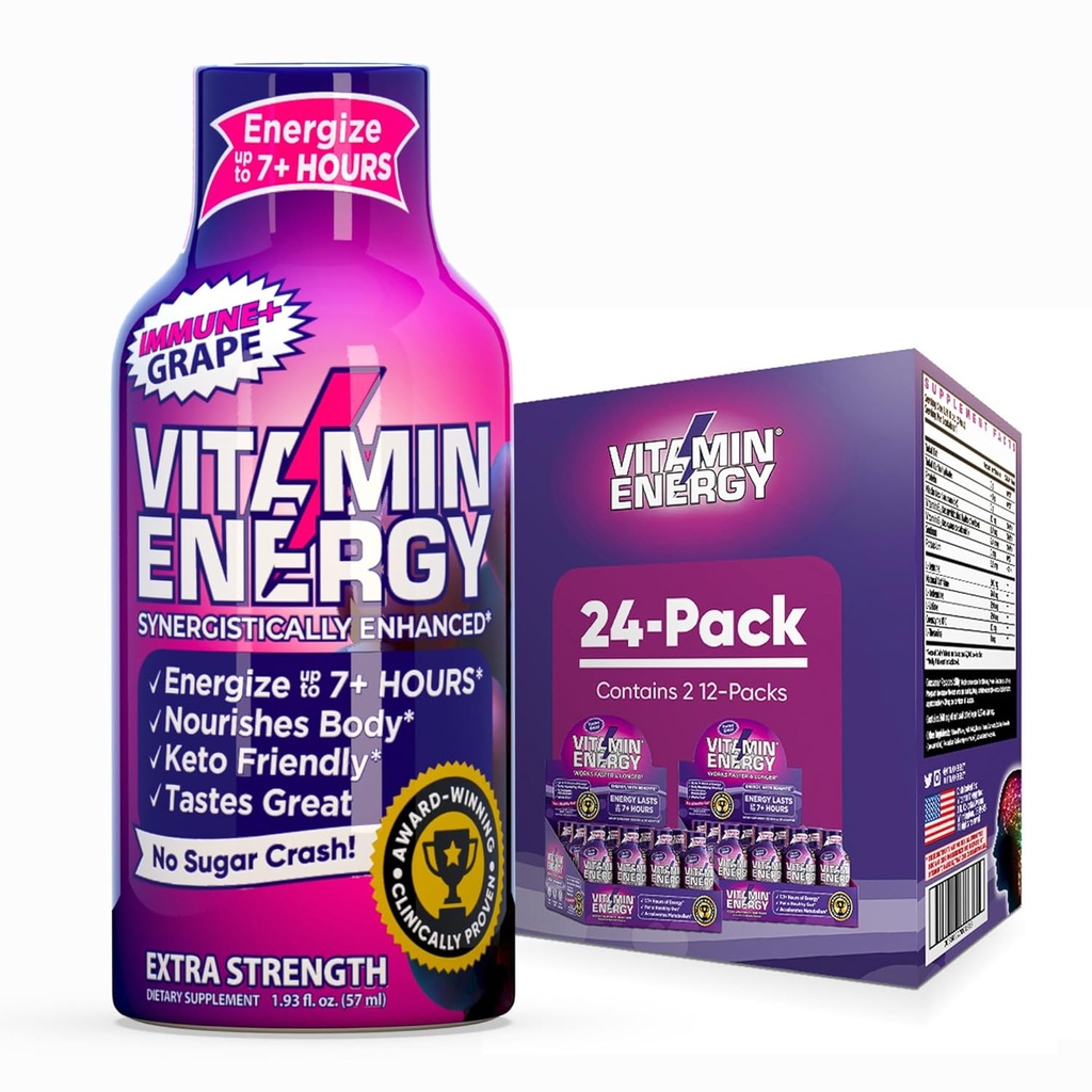 Vitamina Energia Imune+ Força extra Energia Shot Uva 24 Pack, 260mg Cafeína Natural, B-Vitaminas, Citicolina, Chá Verde, Imunidade e Foco Suporte, Açúcar Zero, Sem glúten 1,93 fl oz