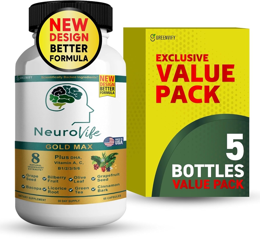 NeuroVife Gold Max Cérebro Suplemento de suporte 8 Extratos Naturais com DHA, Vitaminas A, C, B Complexo 60 Cápsulas Vegetais