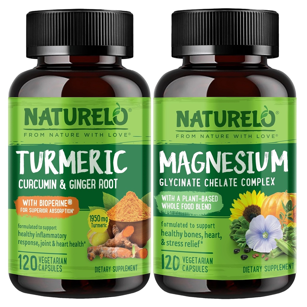 NATURELO Curcumina Tumérica, Suporte Conjunto Baseado em Planta, Glicenato de Magnésio, 200 mg Magnésio - Gluten Free, Non GMO - 120 Cápsulas