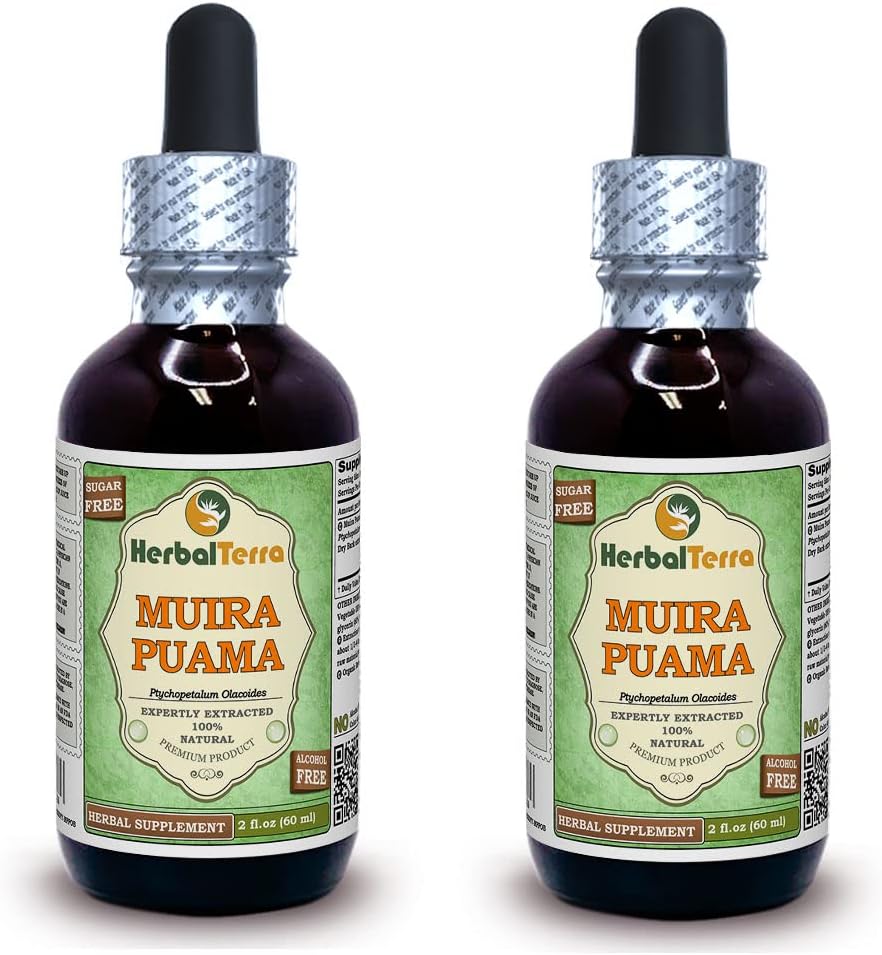 Muira Puama (Ptychopetalum Olacoides) Glicerite, Extrato Líquido Orgânico Livre de Álcool (Nome da marca: HerbalTerra, Proudly Made in USA) 2x2 fl.oz (2x60 ml)