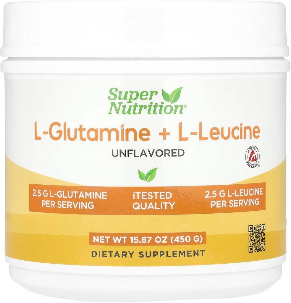 Super Nutrição L-Glutamina + L-Leucina, Sem sabor, 15,87 oz (450 g)