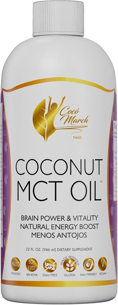 Cocó March N.M.D MCT Oil - Intermittent Fasting Support, Metabolismo, Brain Power Boost, Energia Natural de Coconut, Livre de glúten, Dairy, Soy, Vegan & Keto-Friendly, 32 Fl Oz