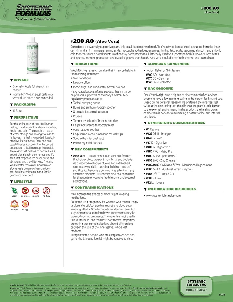 Fórmulas sistêmicas Aloe Vera #200-16 oz Grau Premium para Saúde Digestiva e Bem-Estar - Puro Extrato de Aloe Vera