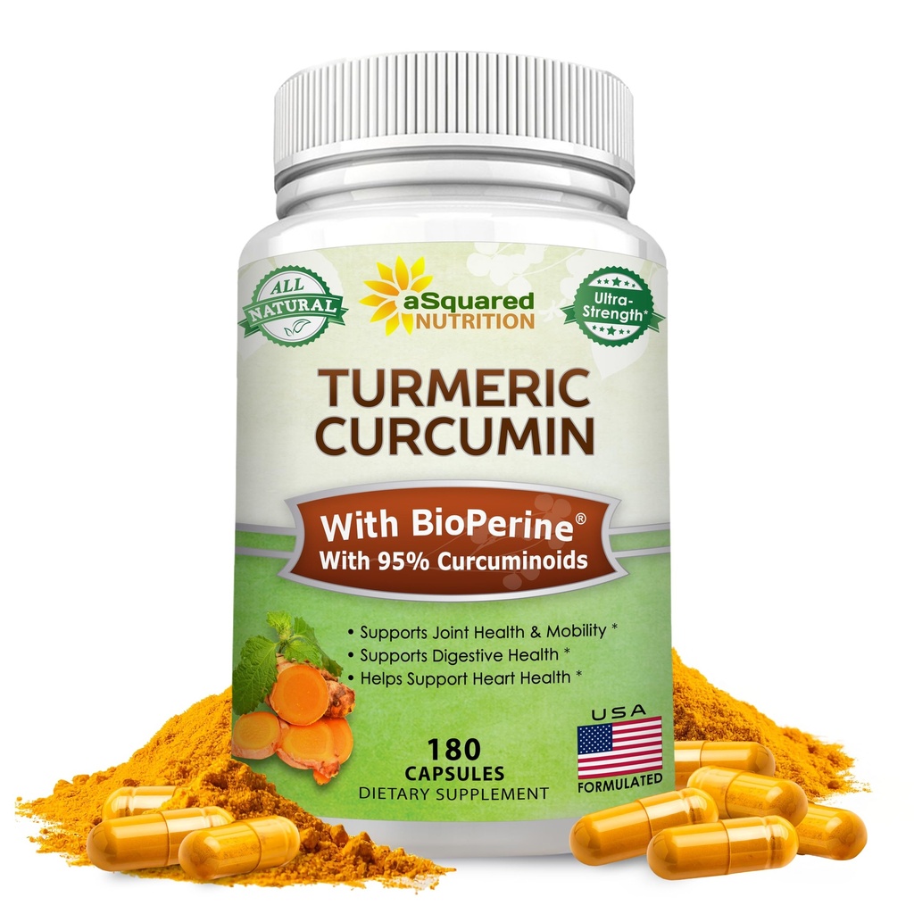 aSquared Nutrition Curcumina Turmérica 1300mg com Extrato de Pimenta Preto BioPerine - 180 Cápsulas - com 95% de Curcuminóides, 100% Tumérica Natural Root Powder Supplements, Pure & Joint Stiffness Pills