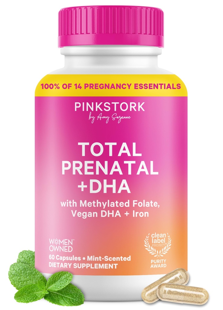 Cegonha Rosa Total Vitaminas Pré-Natais com DHA, Folato, Ferro, Colina e Vitamina B12 - Nutrição Pré-concepcional - Pré-Natais para Mulheres, Essenciais de Gravidez - Essência de Menta, 60 Cápsulas, 1 Mês de Fornecimento