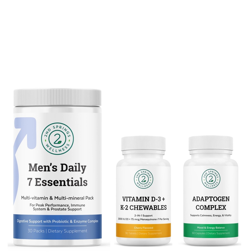 Essencial masculino 7, complexo de adaptogênio e vitamina D3 + K2 Mastigables Bundle