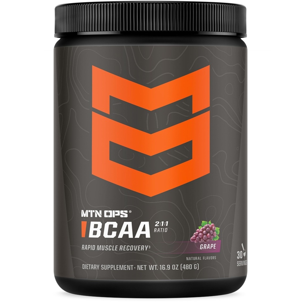 MTN OPS BCAA Pó 2:1:1 Aminoácidos Suplemento Pó para Recuperação Músculo Rápido e Reparar com Zero Açúcar e Glúten Livre - 30 Servões, Uva