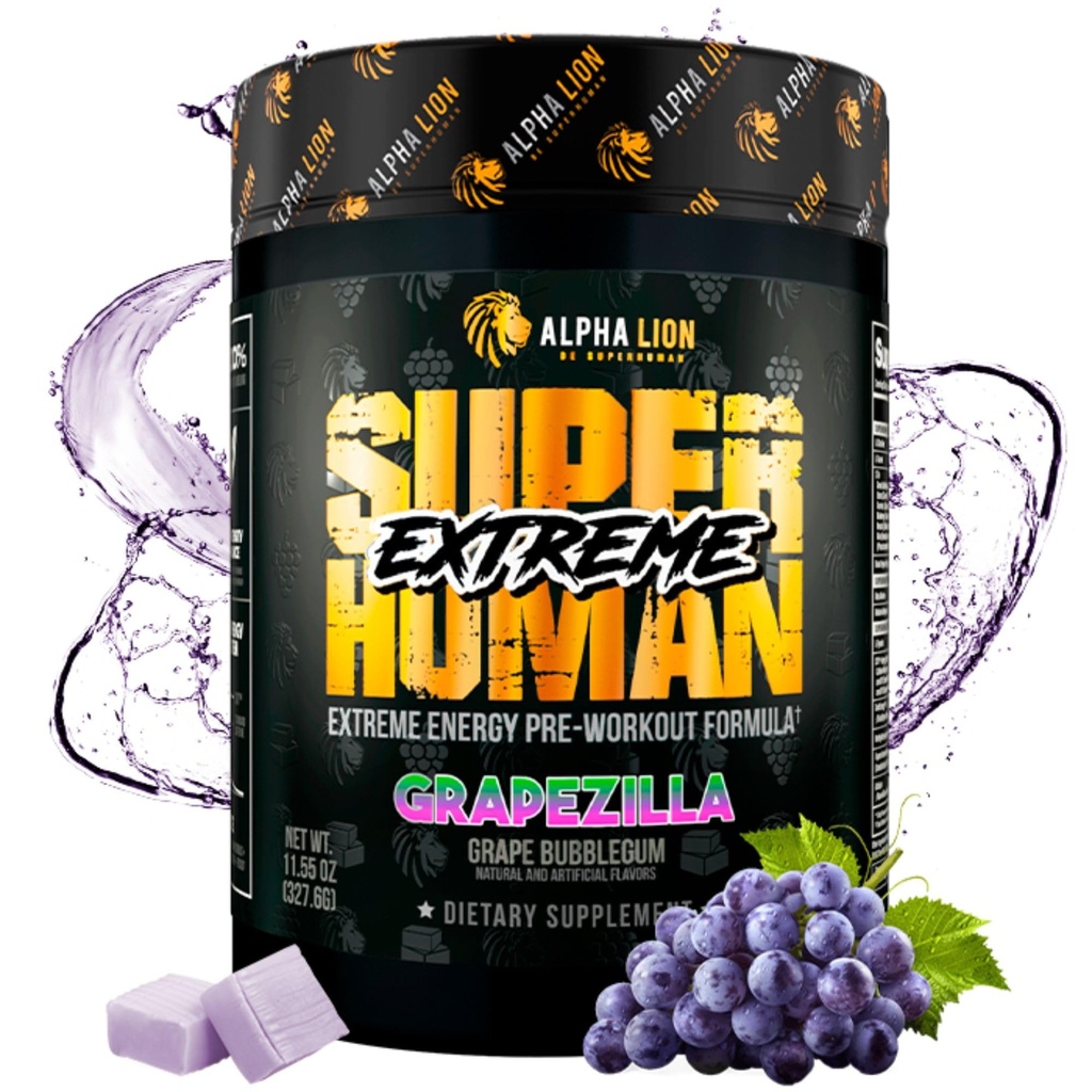 ALFA LION Superhumano Extremo Stim Pre Treino Pó, Beta Alanine, L-Taurine e 356mg Tri-Fonte Cafeína para Energia Sustentado, Óxido Nitrico e Citrulina para Bomba (21 Servings, Grape Flavor)