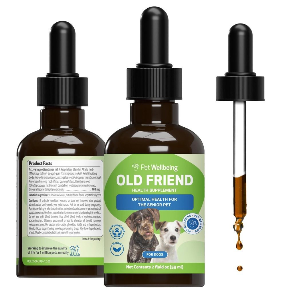 Bem-estar do animal de estimação velho amigo para cães idosos - Suporta saúde do sistema imunológico, mobilidade conjunta, níveis de energia saudável, Alfalfa, Reishi - Veterinária-Formulada Suplemento de ervas 2 oz (59 ml)