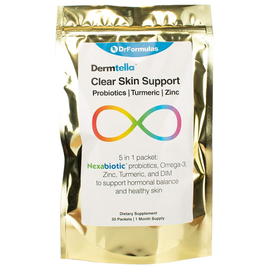 DrFormulas Dermtella Clear Skin Support Packs Pills with Zinc, Probiotics & DIM Suplementos para Mulheres, Adolescentes & Homens com Probióticos Nexabióticos, Açafrão, Óleo de Peixe, 1 mês de fornecimento