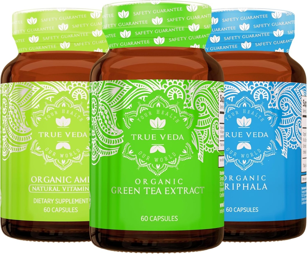 Verdadeiro Veda Digestion e Detox Bundle USDA Orgânico ou Multi-Award-Winning Chá Verde ou Amla com cápsulas de vitamina C