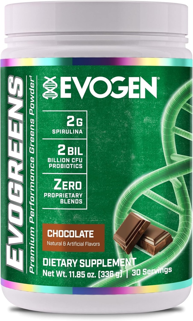 Evogen Evogreens □ Desempenho Premium Greens Superfood, Spirulina, Romã, Probióticos, Kale 30 Servings (Chocolate, 30 Servings)