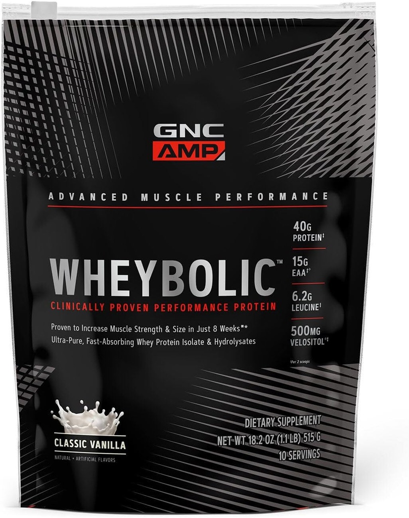 GNC AMP Wheybolic clinicamente comprovada proteína em pó, 40g Whey Protein, BCAA, Leucina, Aumenta a força muscular, Muscle Building, 3o partido testado, sem glúten, Baunilha clássica, 10 Servings