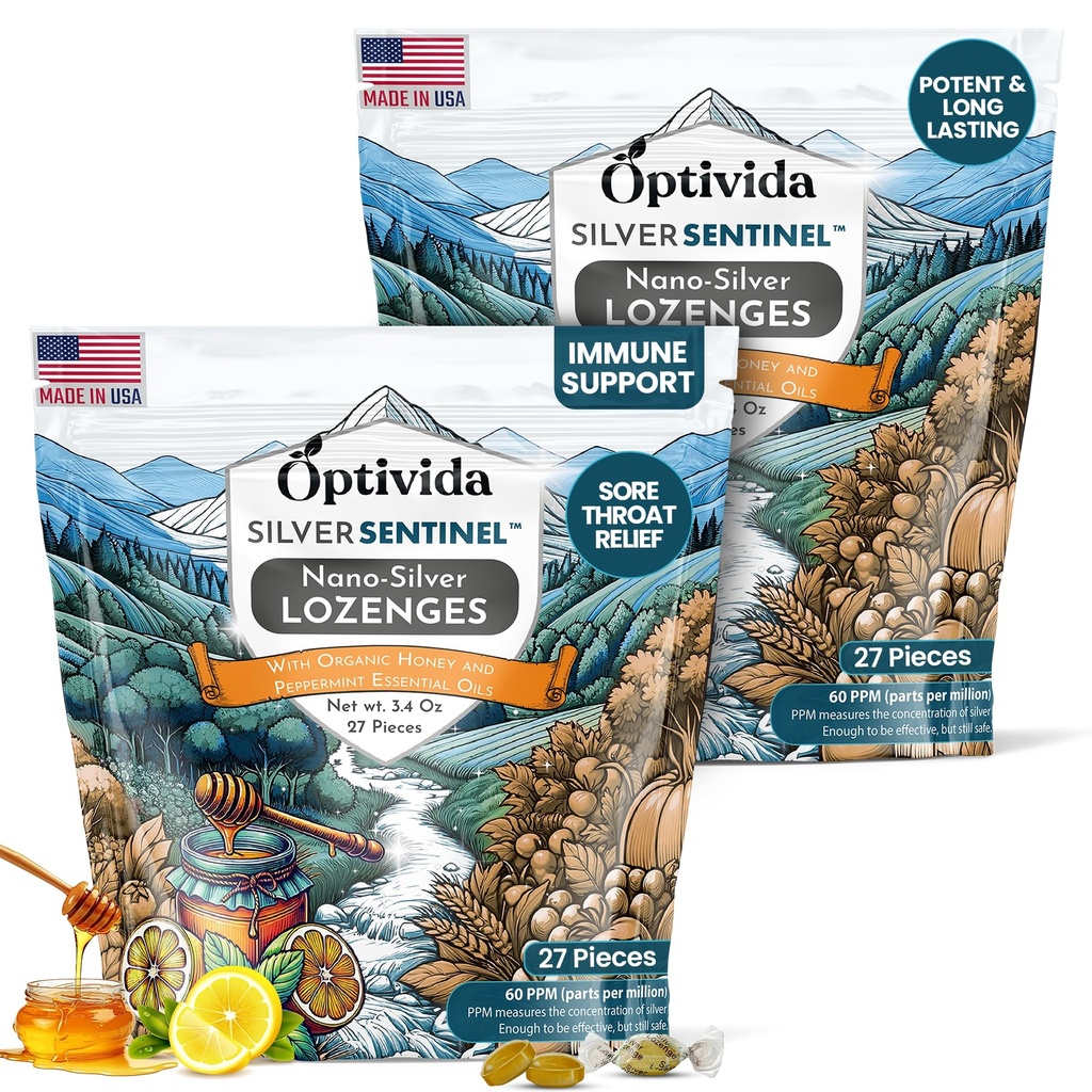 Optivida Saúde Lozenges de prata coloidal com óleo de mel e limão (2 Pack) - calmantes Lozenges de garganta dolorida para adultos com alívio da tosse e rápida ação Nano Fórmula de prata para apoio imunológico, 60 Ppm