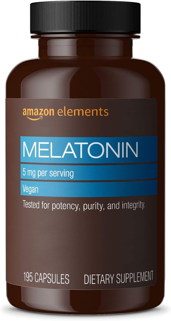 Elementos - Melatonina 5mg Cápsulas, Ajuda com ocasional insônia, Vegan, Sem sabor, 195 Conde (Pacote de 1), 6 meses de fornecimento (Pacote pode variar)