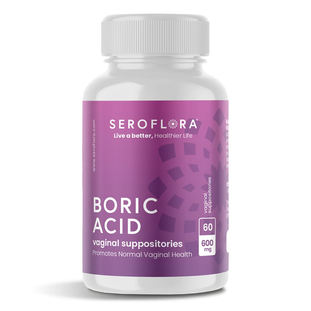 Seroflora Ácido Bórico Supositórios Vaginais - Promove Balanço de pH vaginal e Controle de Odor com USP Grau médico pó fino, fácil dissolução, Made in USA -600 mg 60 Count