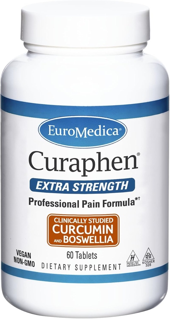 EuroMedica Curaphen Força Extra - 60 Comprimidos - Fórmula Profissional - Potente Curcumina & Boswellia com DLPA & Nattokinase - Altamente Absorvível - 60 Servimentos