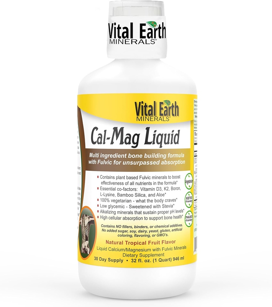 Minerais Vital da Terra Cal-Mag Liquid – Suplemento de magnésio de cálcio com vitamina D3, K2, Boron e Ácido Fulvico para Absorção Mais Rápida, 32 Oz + 1 Oz Cup