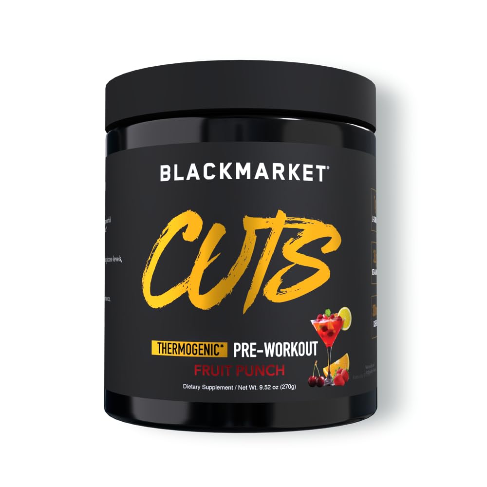 BLACKMARKET CUTS Pre Treino – Energia Termogênica e Foco Pó para Homens e Mulheres, Metabolismo de Gordura, Definição de Músculo, Creatina Livre, 30 Servings (Fruit Punch)