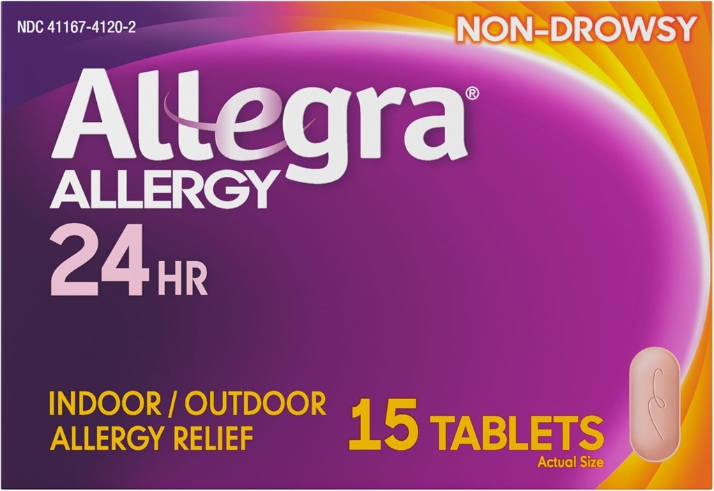Allegra Adulto 24HR Anti-Histamínico Não-Drowsy, 15 Comprimidos, Alergia de Alergia de Alergia Rápida, 180 mg