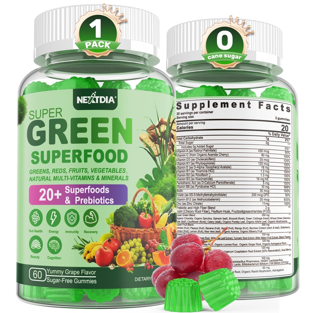Super Verdes Gummies, Verdes Superalimento pó alternativa w/Spiriulina, chlorela, Fibra prebiótica, Probiótico, Vegetais de frutas, Vegetais de Verdes Diários para Digestivo & Gut Saúde, Imunidade, Foco, 60 Cts