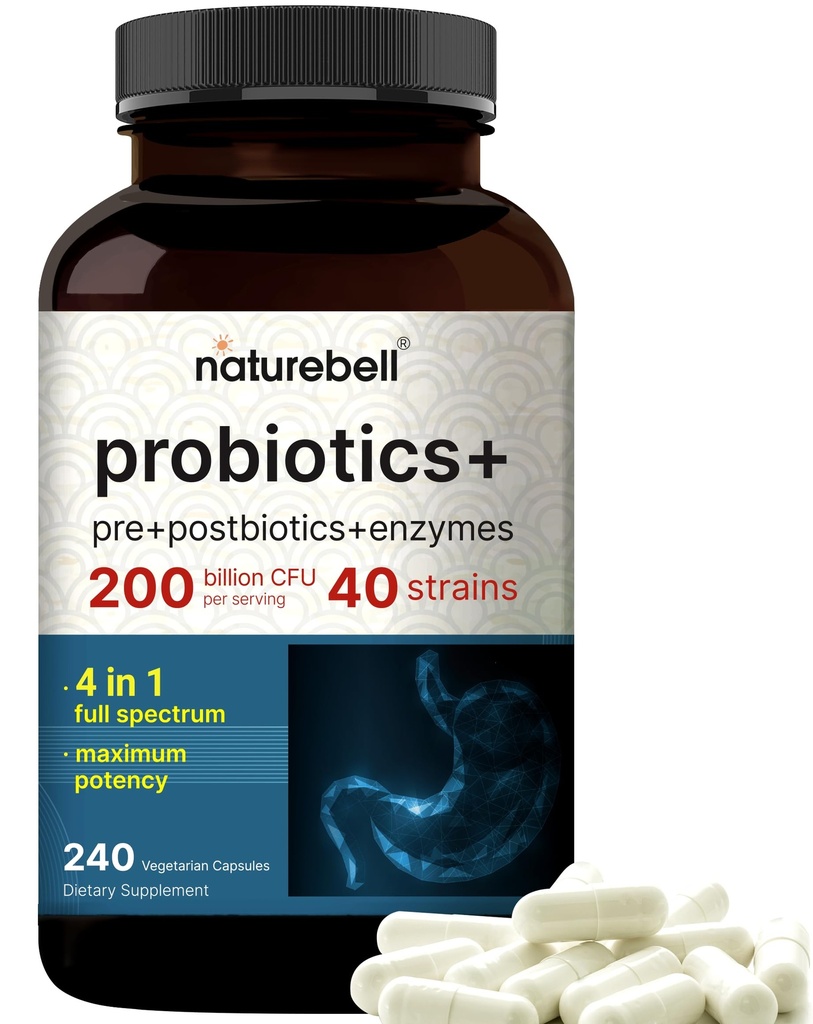 Probiótico 200 Bilhões UFC – 40 Strains por servir 240 Veggie Cápsulas com Prebióticos e Probióticos para a Saúde Digestiva – Gut Health & Bloating Support