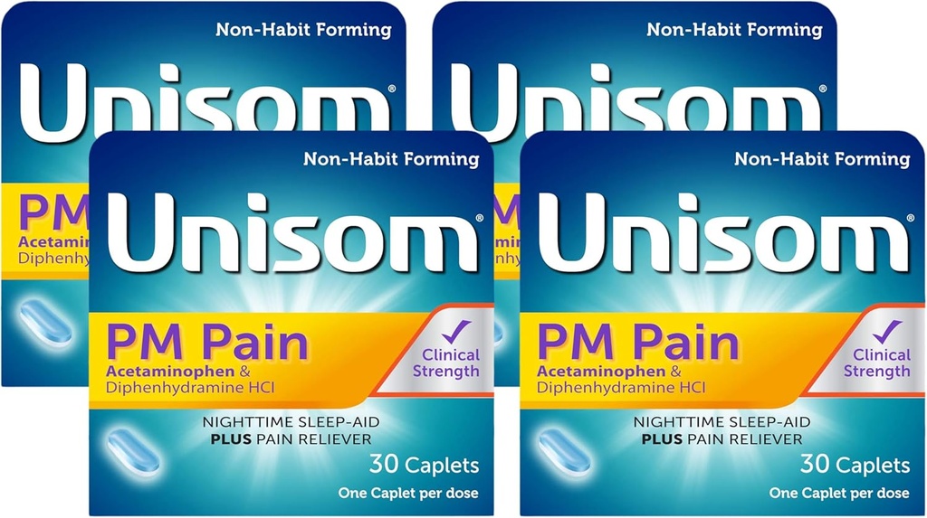 Unisom PM Pain Nighttime Sleep-aid + Pain Reliever, Acetaminofeno & Difenidramina HCI, 30 Caplets, 50mg (Pacote de 4)