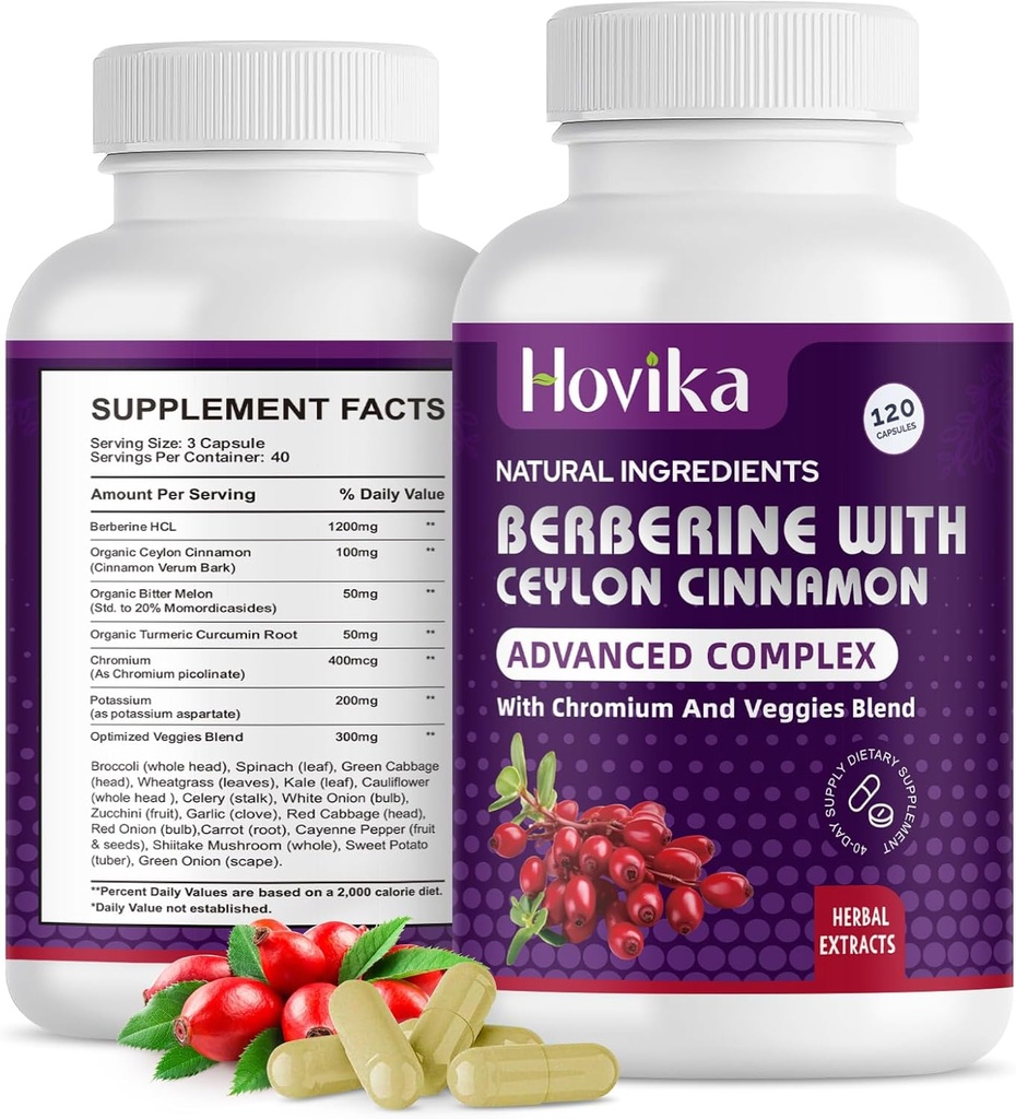 Berberine HCL Cápsulas 1200 mg - Berberine Suplemento com Ceilão Cinnamon, Chromium, Veggies Blend - Suporta Metabolismo e Sistema Imune, Gut Saúde - 120 ct Fácil de Engolir comprimidos Vegan