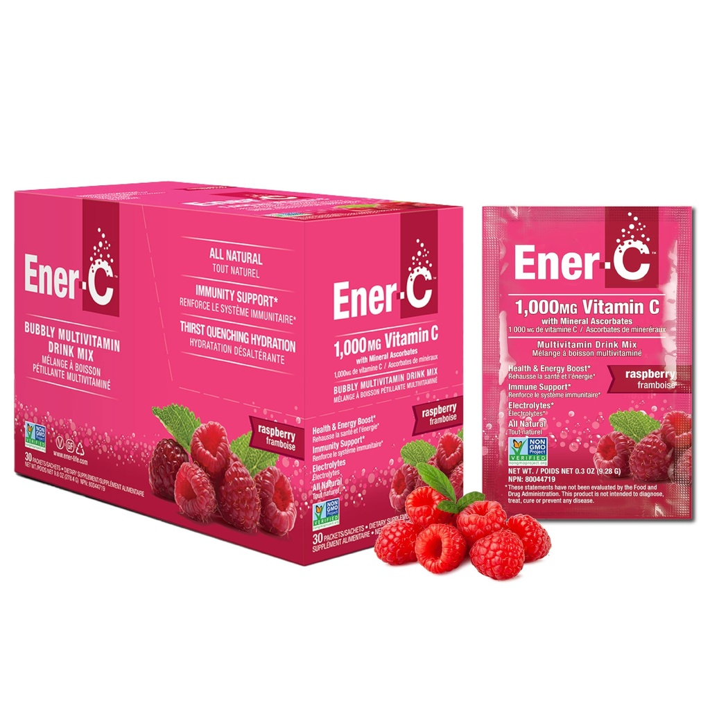 Ener-C Framboesa Multivitamin Bebida Mix pó Vitamina C 1000mg & Eletrolitos com suco de fruta real Energia natural e Imune Suporte para mulheres e homens - Não-GMO Vegan & Gluten Free - 30 Contagem
