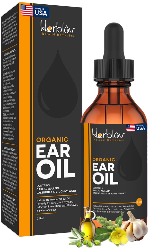 Óleo Orgânico de Orelha para Infecções de Orelha - Eardrops Natural para Prevenção de Infecção, Remoção de Orelha e Cera de Nadador - Crianças, Adultos, Bebê, Dog Earache Remedy - com Mullein, Alho, Calendula, Made in USA