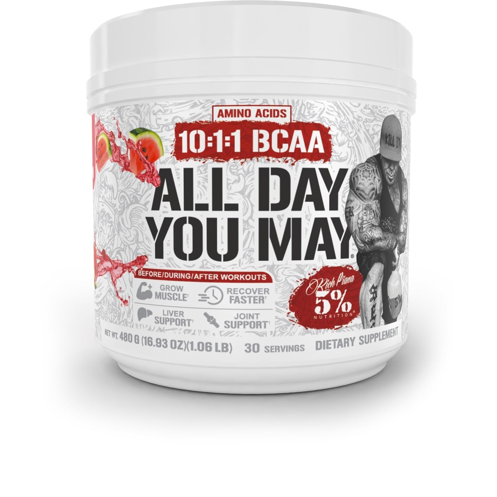 5% Nutrition Rich Piana AllDayYouMay BCAA Powder □ Premium Intra & Post Treino Aminoácidos, EAA, Eletrolíticos □ Hidratação, Endurance, Recuperação