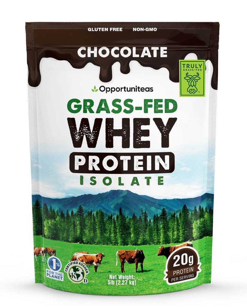 Opportuniteas Grass Fed Chocolate Whey Protein Isolate Powder - 20g de pó de proteína sem adoçantes artificiais, vacas sem hormônios, não OGM - 5lb