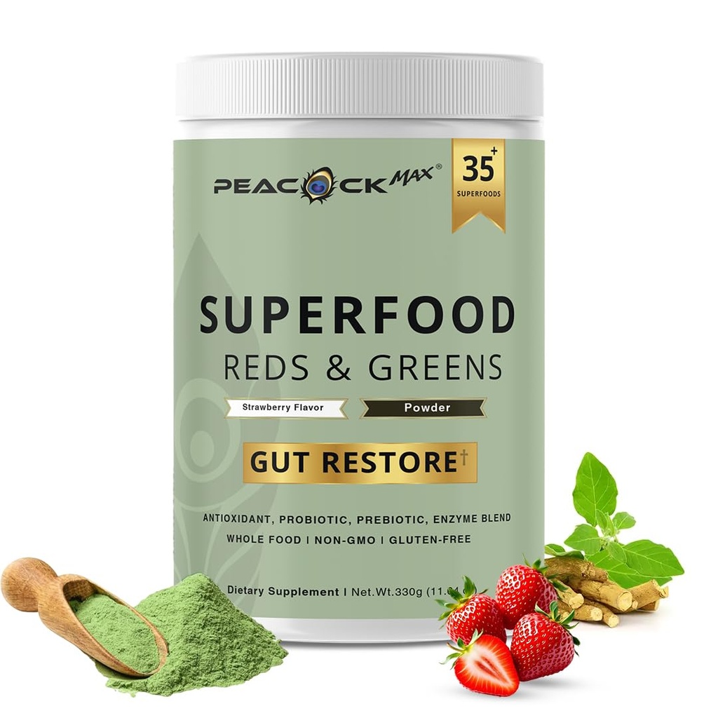 Superalimento Vermelhos & Verdes Pó - 11.64 oz, Prebióticos & Probióticos para Saúde Digestiva, Super Verdes Pó com Ashwagandha para Gut Saúde, Imunidade, Antioxidantes, Vegan, Não-GMO