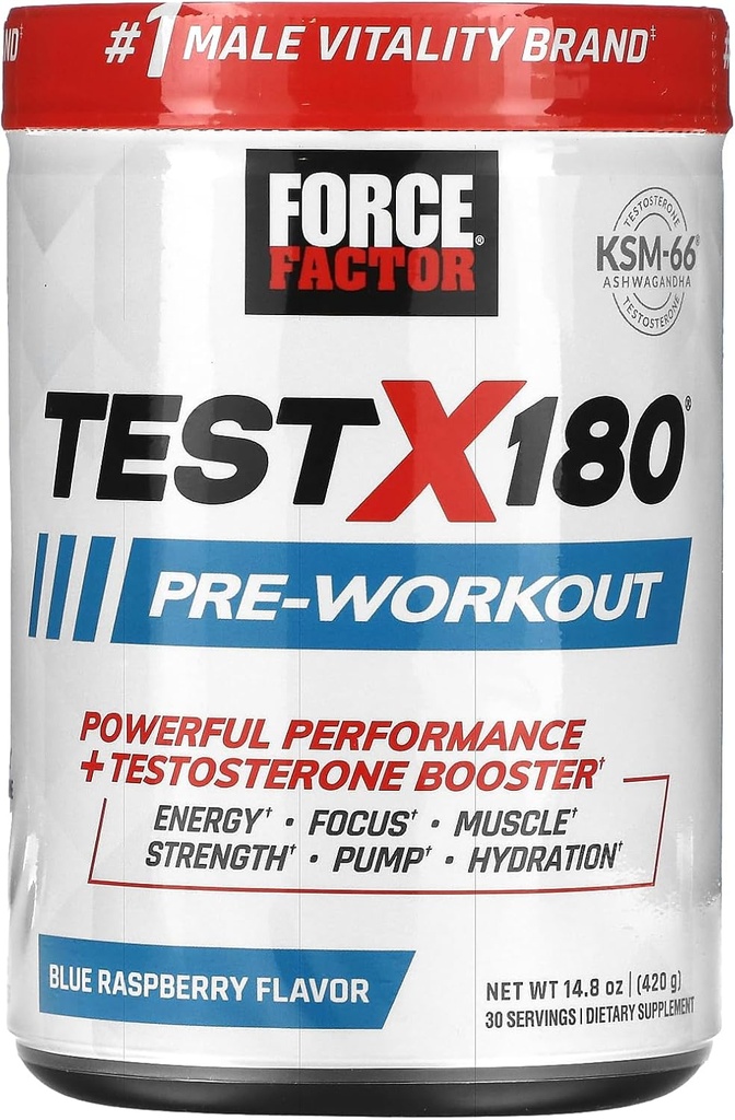 FORCE FACTOR Teste X180 Pré-workout pó e suplemento de energia, aumentar o foco e resistência, construir músculo e força, suplemento de óxido nítrico com Ashwagandaha & L-citrulina, framboesa azul, 30 Servings