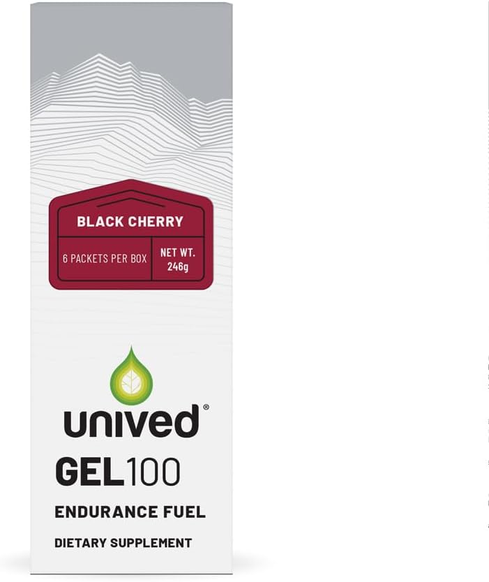Unived Gel 100 - Vegan Gel Energia para Endurance Atletas Runners & Cyclists - 100kcal - Black Cherry - Pacote de 6
