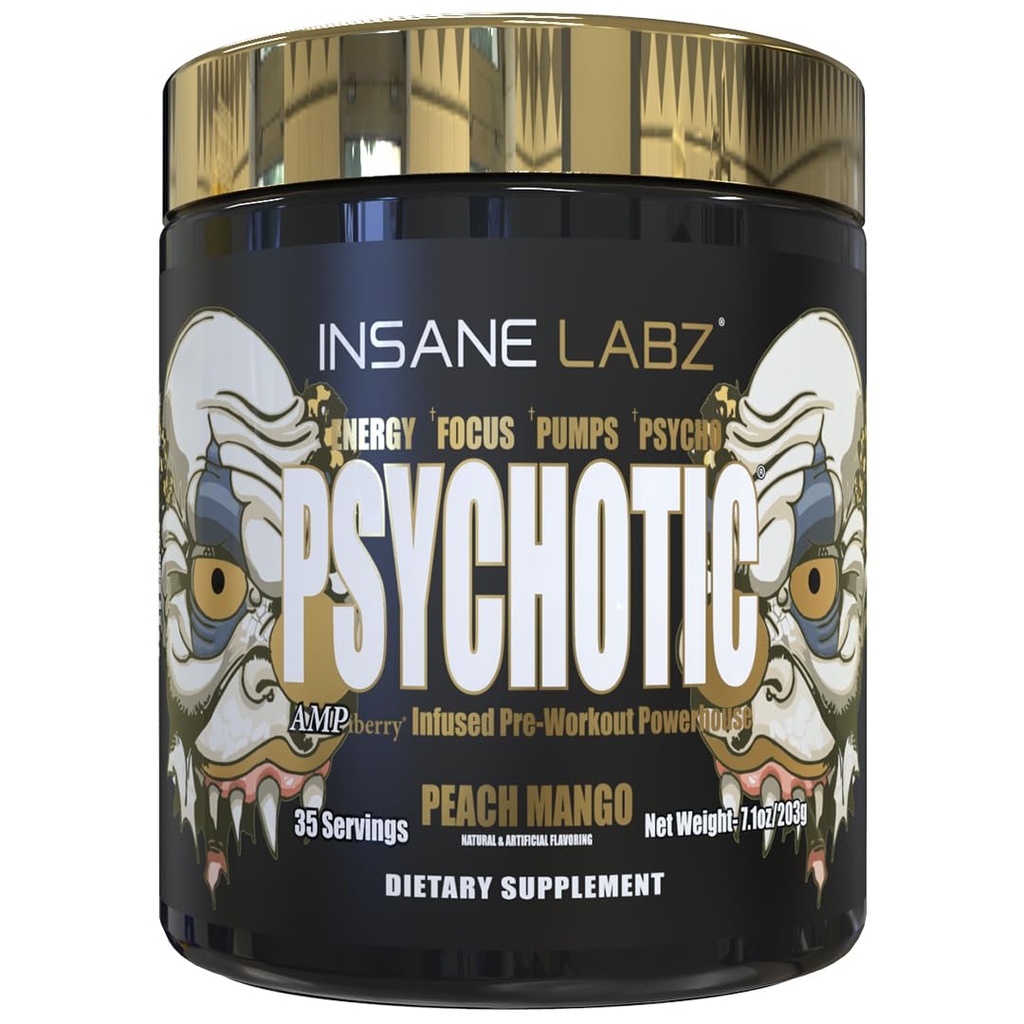 Loucura Labz Psicótico Ouro, Pó pré-treino altamente estimulante, Energia Extrema Durante, Bombas e Endurance com Beta Alanine, DMAE Bitartrato, NO Booster (35 Servings, Mango de pêssego)
