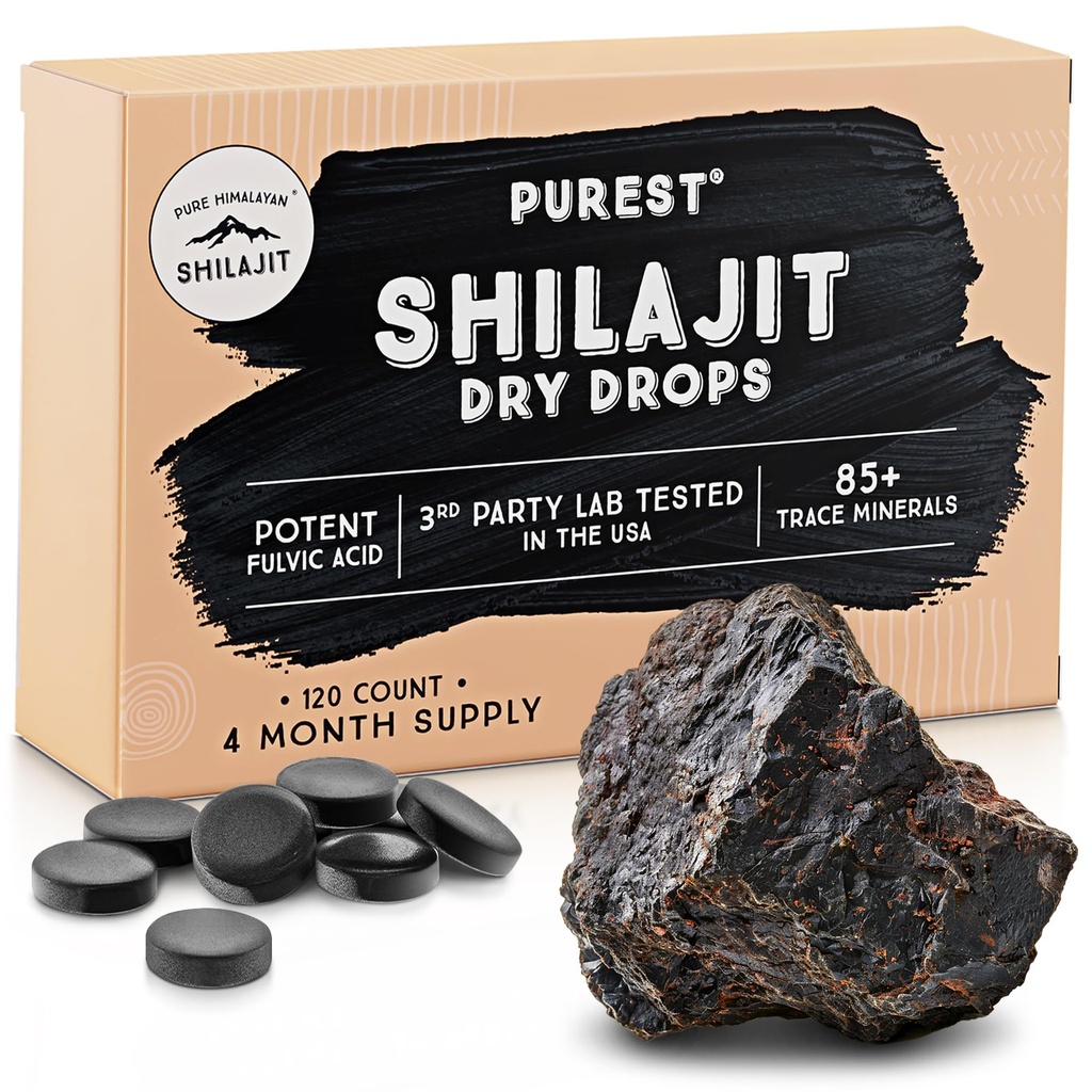 Puro Himalayan Shilajit Dry Drops, 100% puro natural Shilajit, grau A, potência máxima 85+ Minerals traço limpo e ácido fulvico para energia, metabolismo e Imune Suporte Suplemento para homens e mulheres (120 abas)