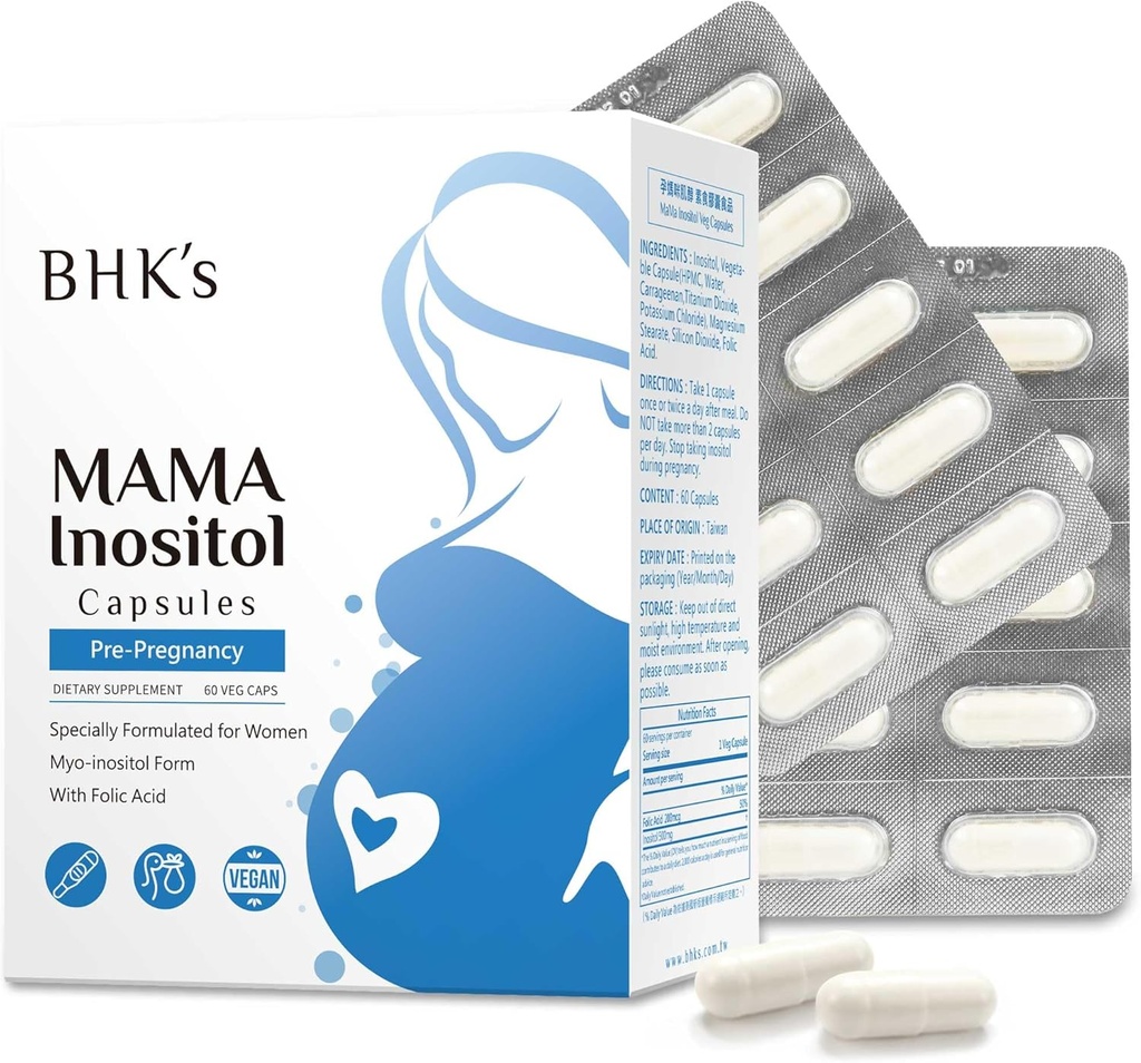 Suplemento de fertilidade pré-gestacional da BHK, equilíbrio hormonal e suporte saudável da função ovariana para mulheres, ciclos regulares com inositol, 60 cápsulas