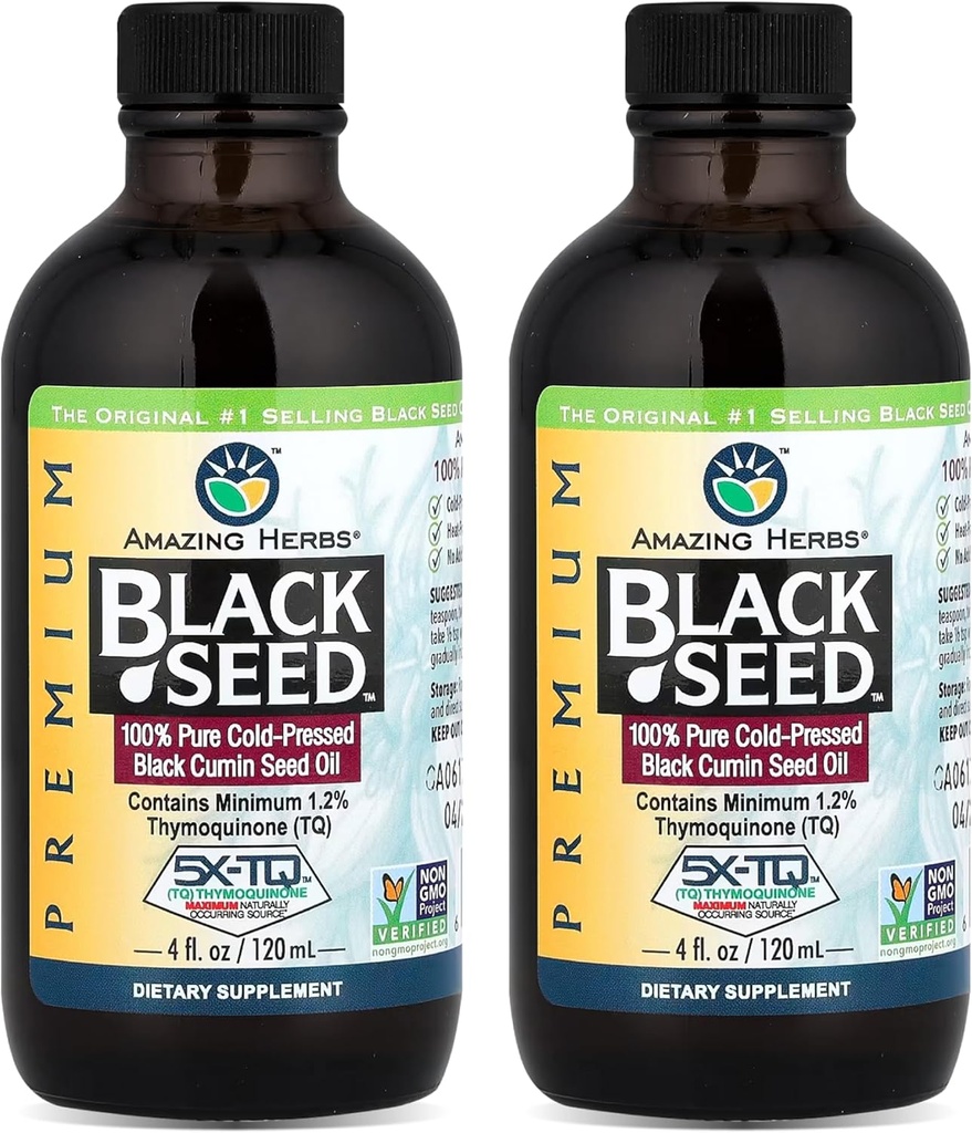 Amazing Herbs Premium Black Seed Oil - Gluten Free, Non GMO, Frio Pressed Nigella Sativa Aids em Saúde Digestiva, Suporte Imune, Função Cérebro, Mobilidade Conjunta - 4 Fl Oz (Pacote de 2)