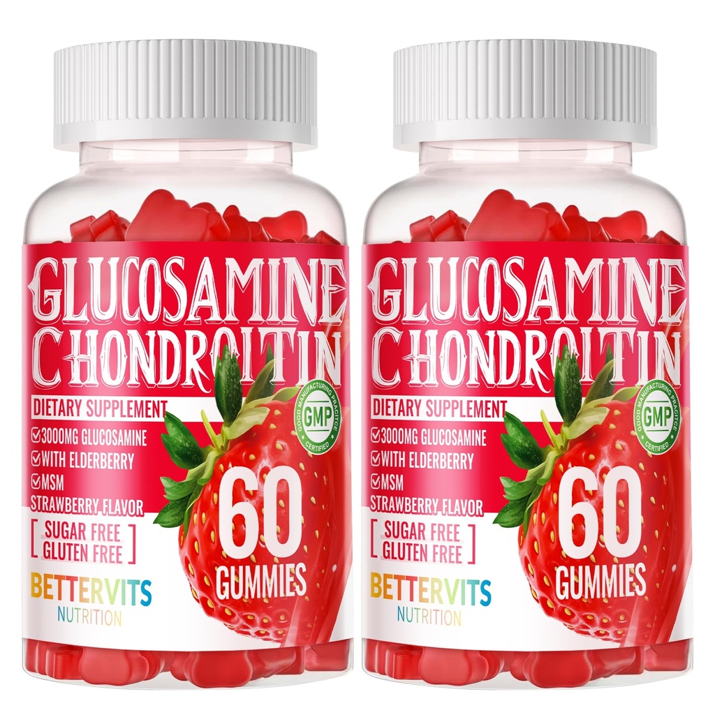 Glucosamina Condroitin Gummies com HSH & Elderberry Força Extra - Apoio Conjunto, Suplemento de Suporte Imune Antioxidante para Adultos, Homens e Mulheres. 120 Pastilhas de morango