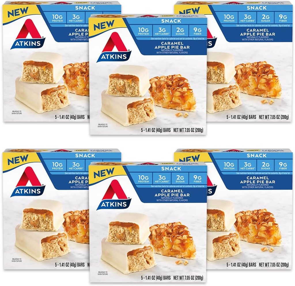 Atkins Snack Bar, torta de maçã caramelizada, naturalmente saborosa, boa fonte de proteína e fibra, baixo carboidrato, baixo açúcar (30 bars)