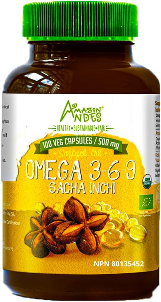 Cápsulas de óleo de Andes Sacha Inchi - Fonte de omegas 3, 6 e 9 - Fonte mais saudável de ácidos gordos essenciais - Vegan, Non-GMO, Allergen-free & Gluten Free - 100 comprimidos de Softgel (500mg) - Made in Peru