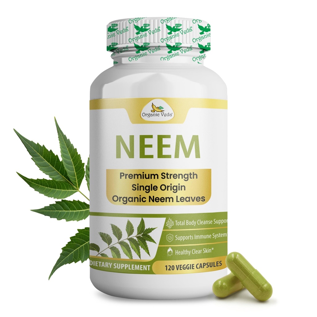 Cápsulas Orgânicas Veda Neem, 1000mg - Suplemento Orgânico de Ervas Made with Ayurvedic India Neem Leaf Powder - Suporta Pele Radiante, Imune, Detox, Resposta Inflamatória Saudável - 120 Cápsulas Veggie