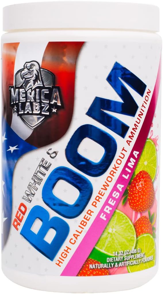 'Merica Labz Red, White, and Boom, High Caliber Pre Treinout com VasoDrive-AP®, 350mg Cafeína, Max Energia, Bomba e Foco, Aumento do fluxo sanguíneo e volume muscular, 20 Servings (Fresa Lima)
