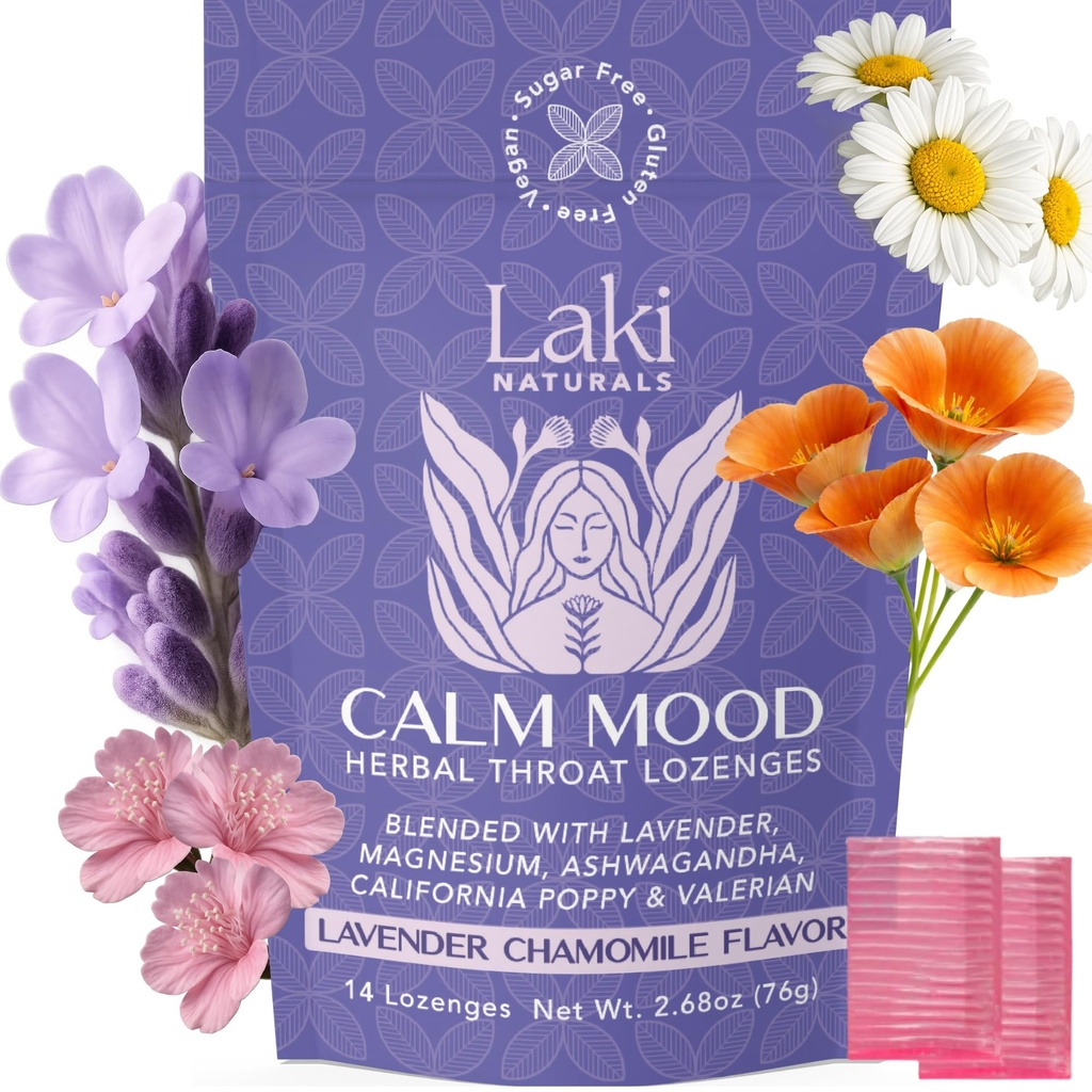 Laki Naturals Lavanda Camomila Calm Mood Functional Herbal Lozenges (14ct) Garganta & Calming Hard Candies com Magnésio, Ashwagandha, Califórnia Poppy & Valerian. Vegan, Açúcar grátis, Sem glúten